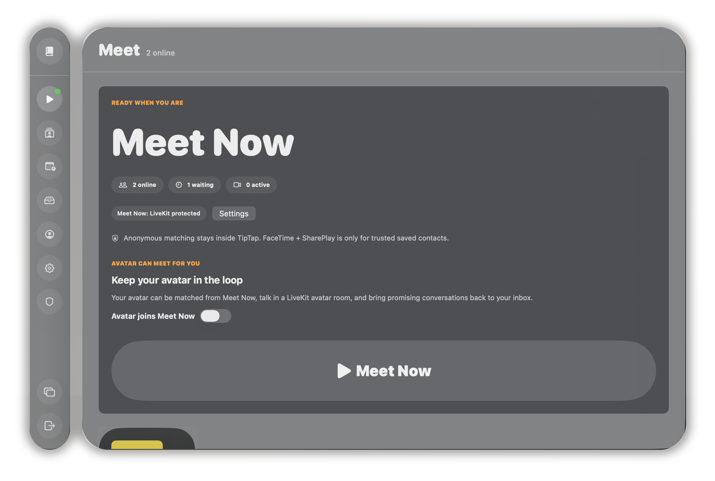 TipTap Meet Now interface